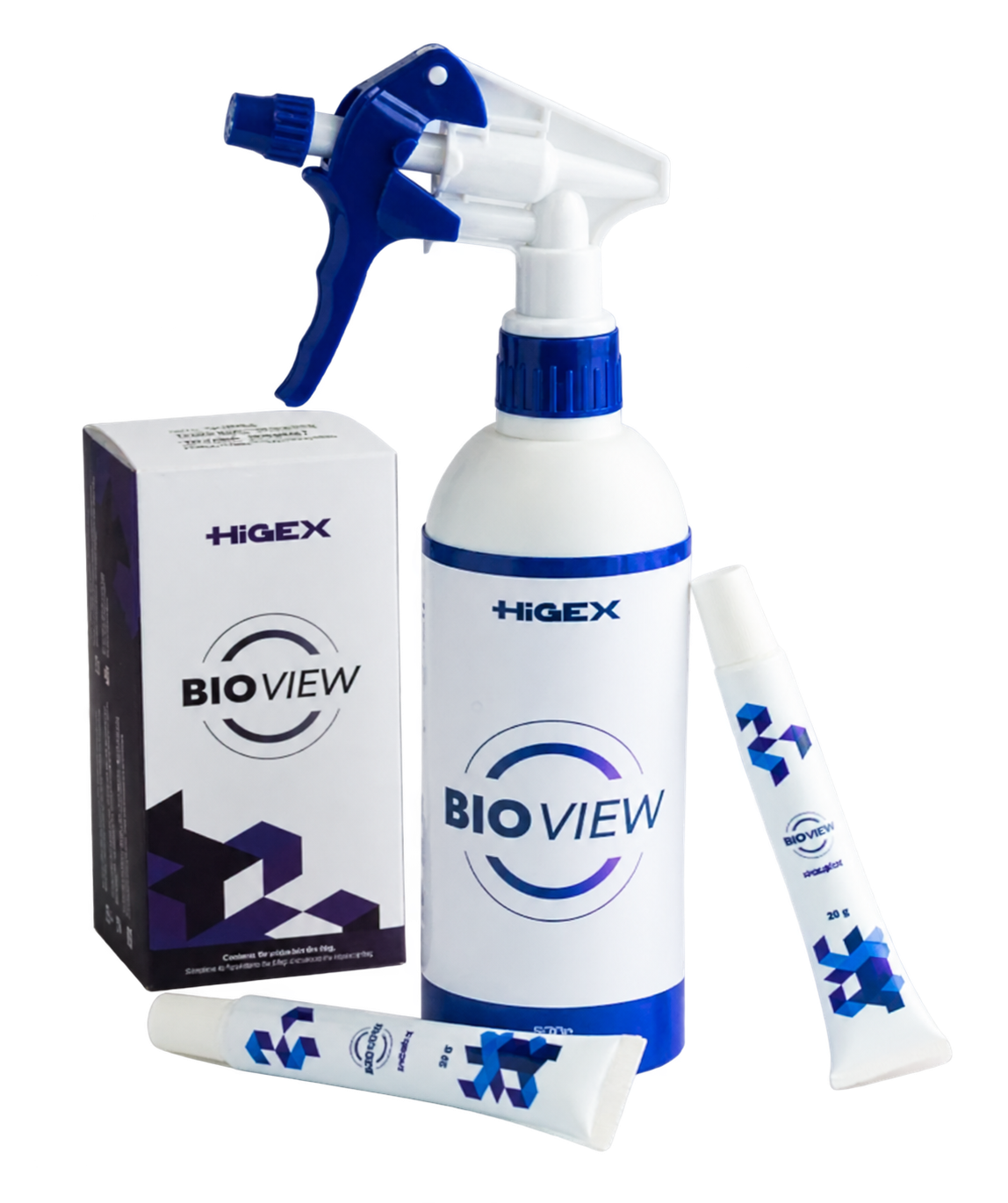Kit BioView HIGEX com embalagem, frasco aplicador e bisnagas